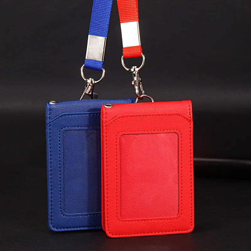 

1Pc PU Leather Pass ID Card Holder Working Permit Case with Lanyard Exhibition Work Card Cover Sleeve Neck Strap Badge Holder