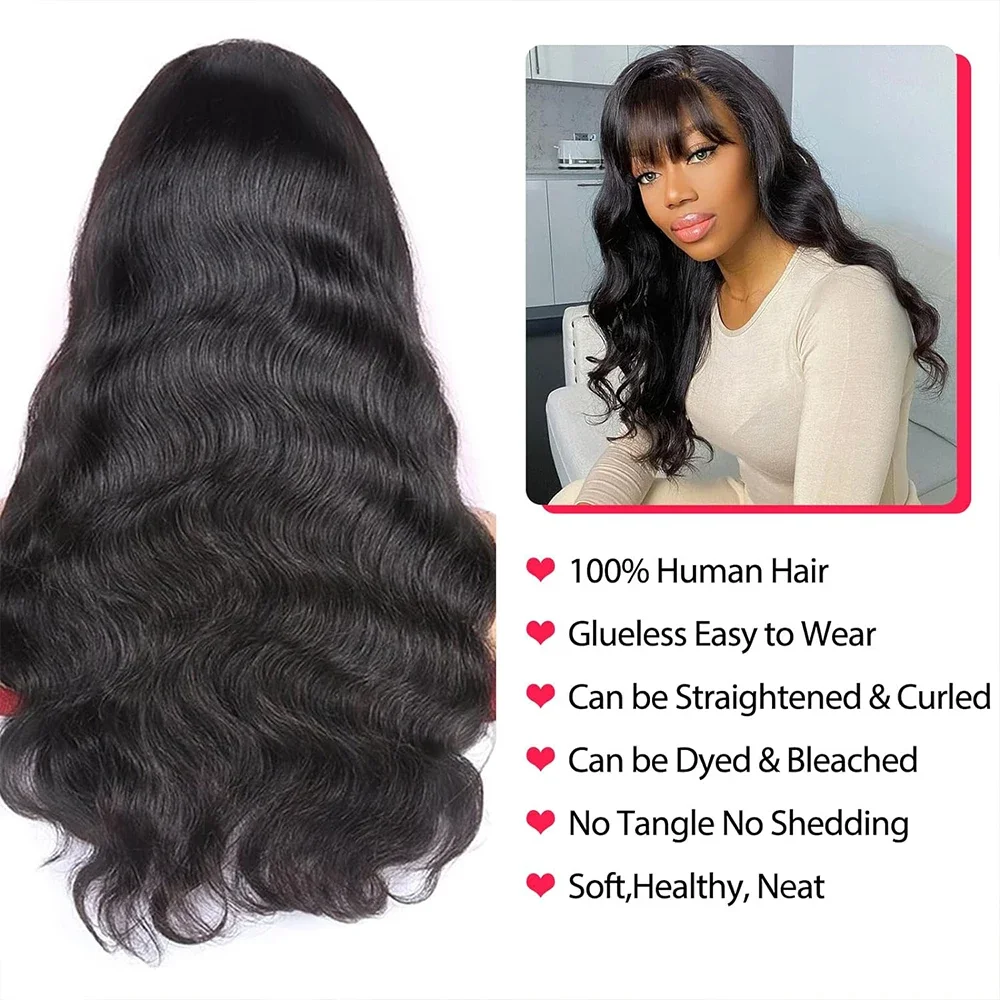 Body Wave Wig With Bangs Human Hair for Women Choice 30 inch Full Machine Made Wig Cheap on Sale 200 Density Human Hair Wig