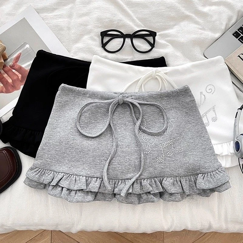 Vintage Kawaii Y2K Mini Skirt Music Note Print Women Ruffle Hem Low Waist Sweat Mini Skirt Japanese Harjuku Streetwear Bottoms