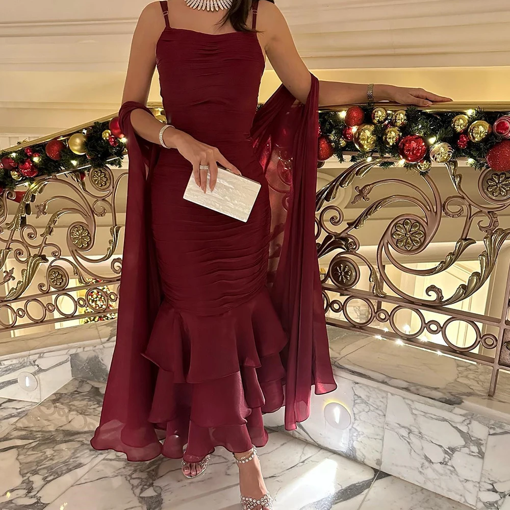 

Burgundy Square Neck Sleeveless Jersey Mermaid Tea Length Celebrity Dress Pleats Shawl Tiered Dresses For Formal Occasions 2024