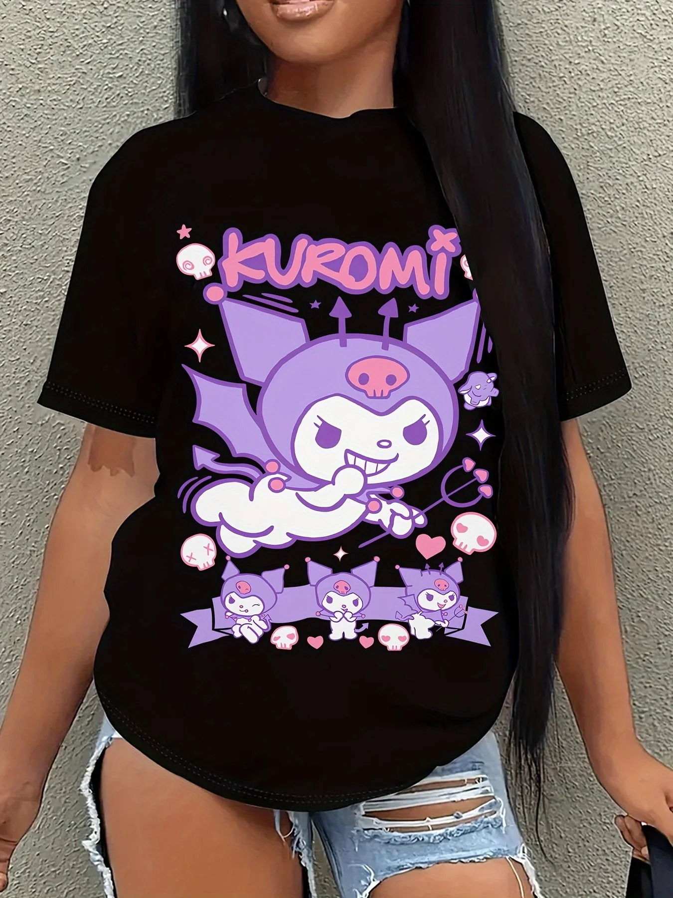 

Kuromi & Hello Kitty Cartoon Print T-Shirt - Soft Cotton, Short Sleeve, Crew Neck - Vibrant Purple & Pink Design