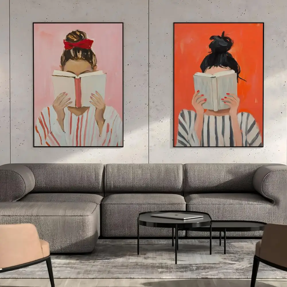 Reading Woman Canvas Poster Book Illustration Feminine Cozy Abstract Portrait Bedroom Home Decor Gift Painting Calligraphy