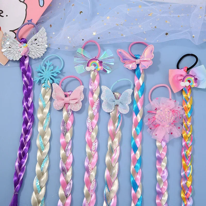 

Girls Colorful Cartoon Unicorn Hairbands Wig Pigtail Elastic Hair Rings Ponytail Hair Rope for Baby Glitter Sequin Kids Headwear