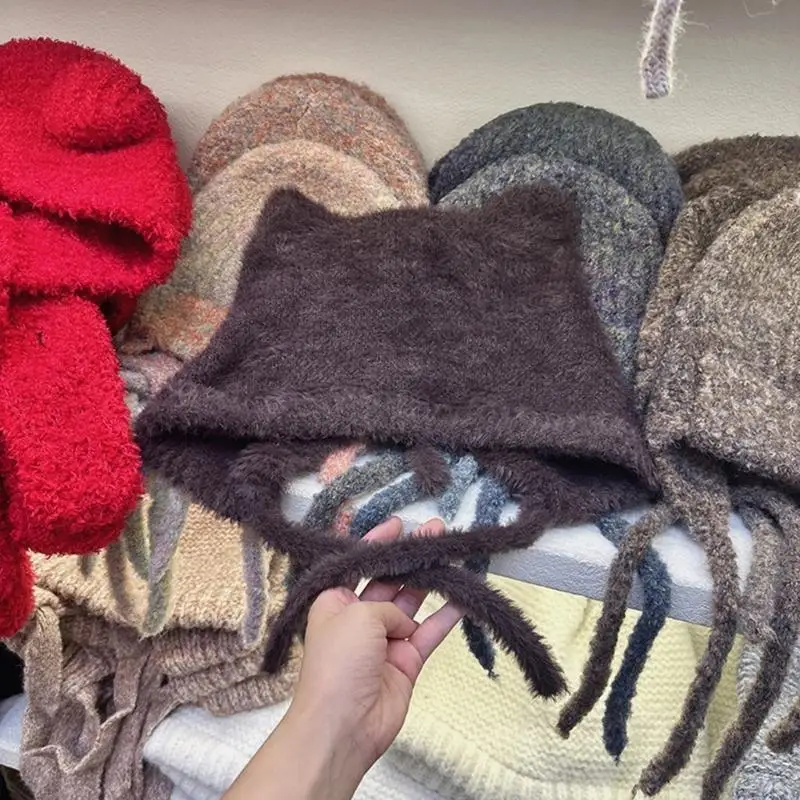 

39BB Lovely Cats Ears Hat Women Soft Plush Knitted Hat Trendy Winter Warm Hat for Fall and Winter