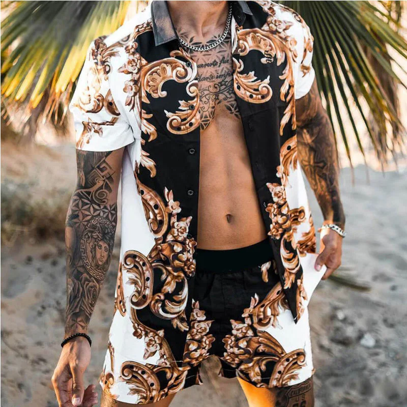 

Loose Men's Summer Beach Sle Printed irt Casual Hawaiian Set Cotton Blend Fabric ort Sve ort Pants