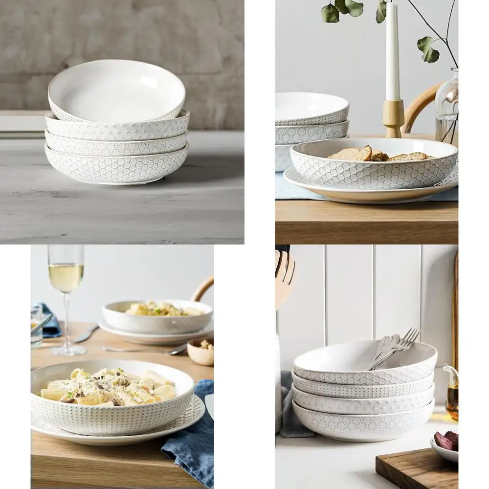 

9 Inch Arctic White Ceramic Pasta & Salad Bowls Set of 4 for Serving Fruits, Noodles, Dinners, Perfect Housewarming or Wedding G