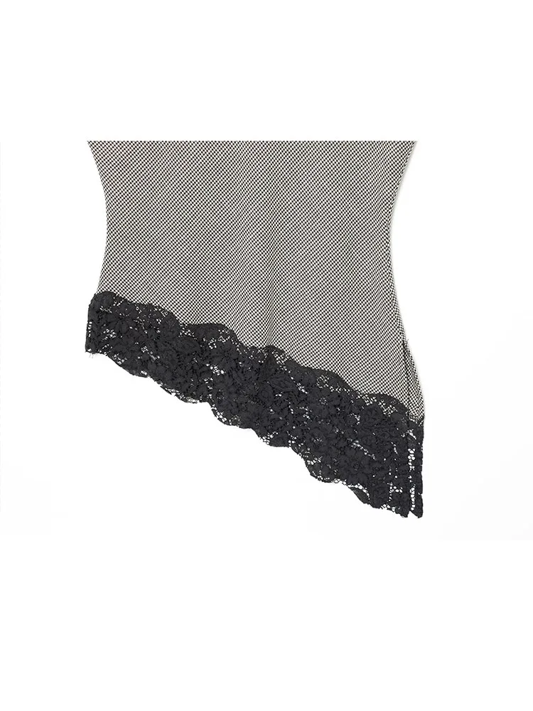 HH المرأة الموضة تنوعا الوقوف طوق أكمام houndstooth و الدانتيل المرقعة الأعلى الإناث أنيقة غير المتماثلة هيم بلا أكمام