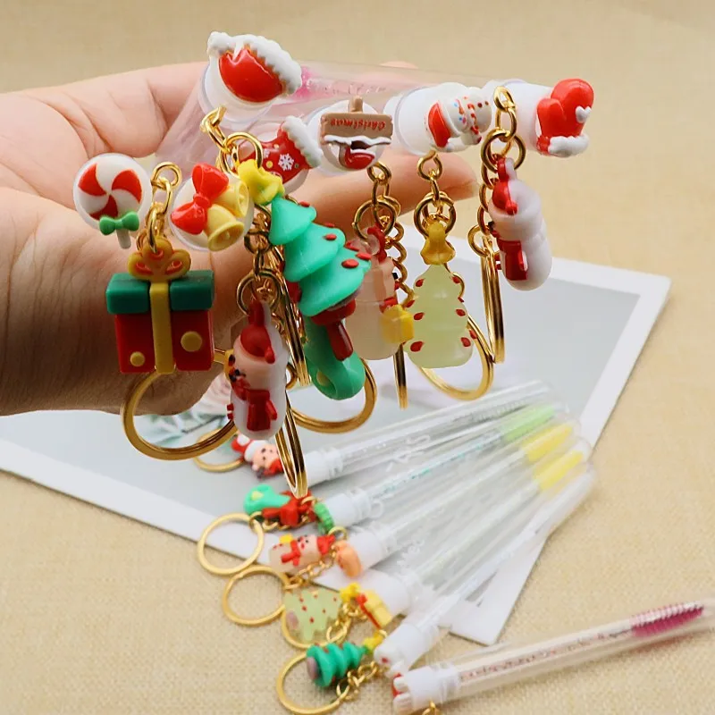10 pçs bonito rímel varinha chaveiro lash escovas tubos presente de natal carretéis dos desenhos animados limpeza descartável escova de cílios varinhas