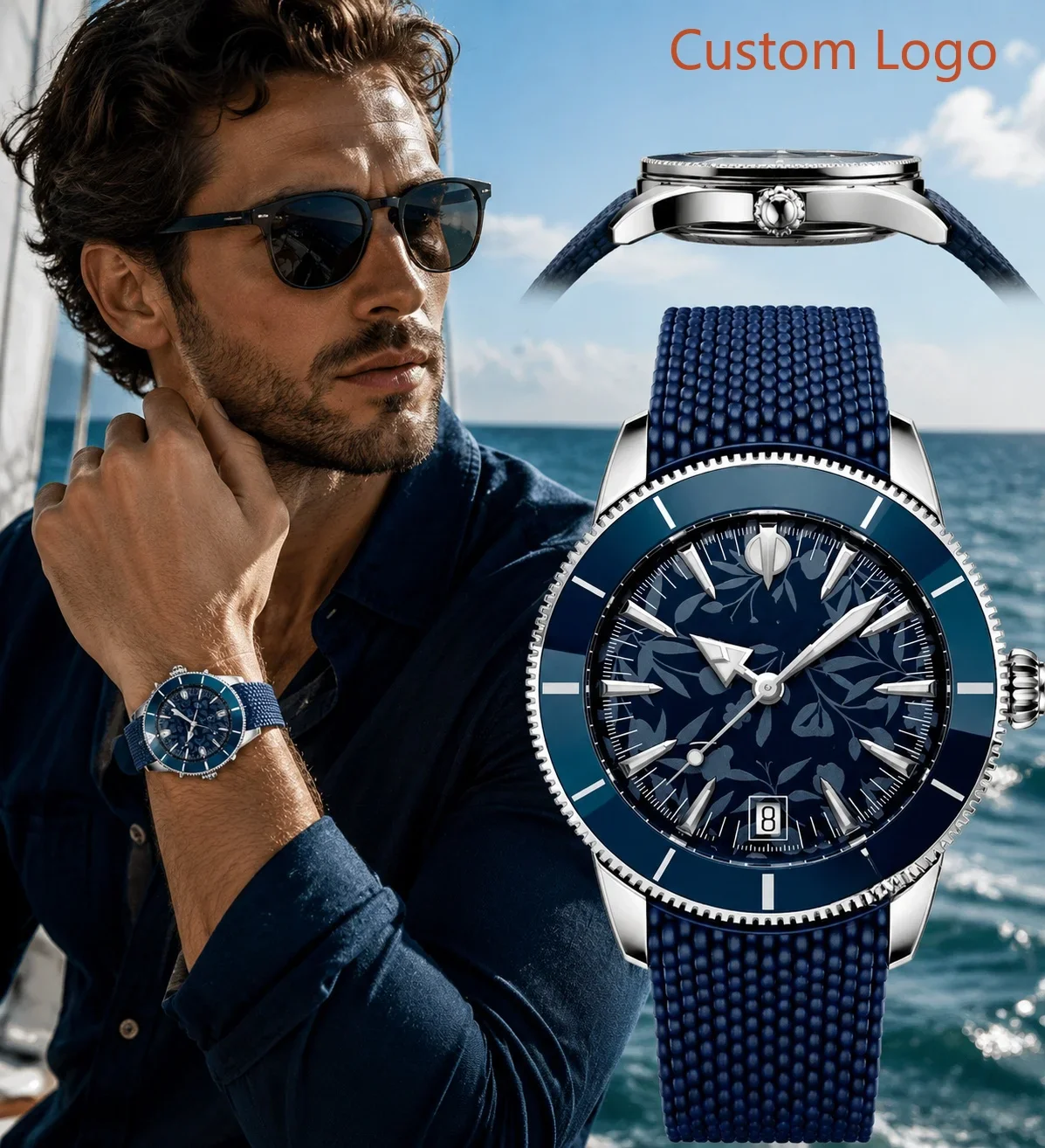 Men 46mm Diving Automatic Watch Rotating Blue Ceramic Bezel Unique Floral Pattern Dial  Navy Blue Textured Rubber Strap Waterproof Outdoor Sports Male Mechanical Customized Watches