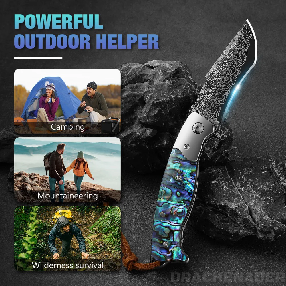 DRACHENADER cuchillo plegable de Damasco para hombre, navaja de bolsillo de núcleo Vg10 para acampar al aire libre, caza, Multitoola de bolsillo Edc