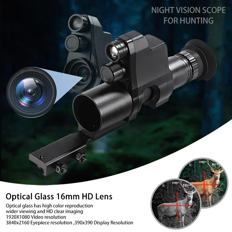 NV4B Clip-on Monocular Night Vision Scope Device Round Screen 4X Zoom HD 1080P Video Camera Night Hunting IR 300m all black