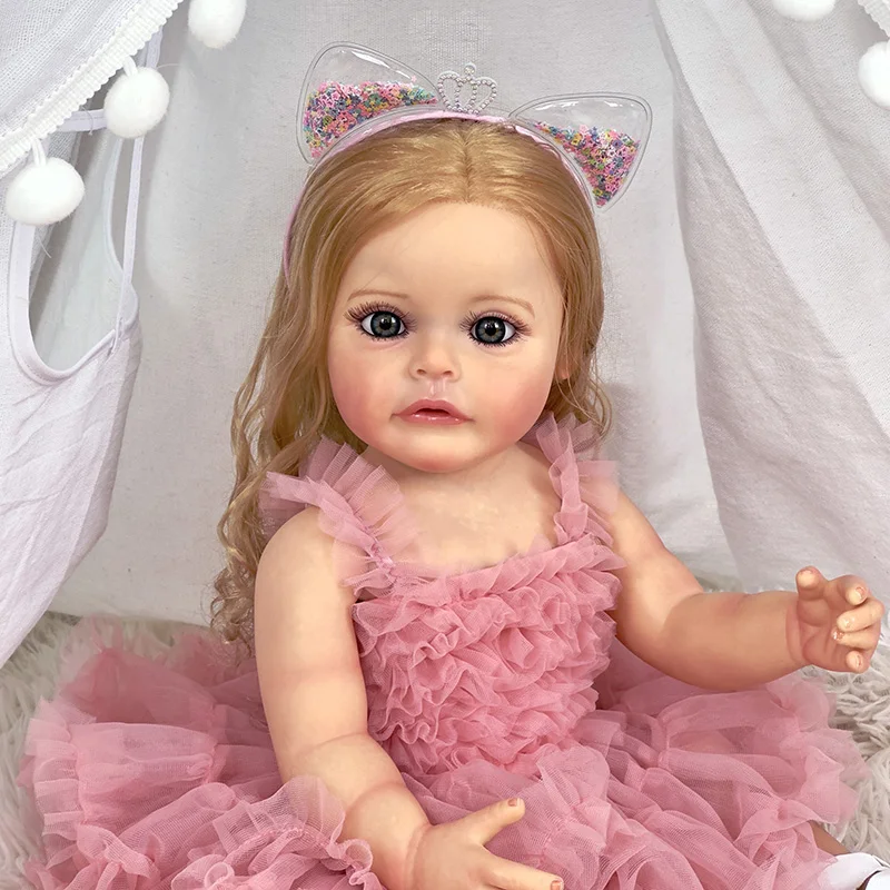 

55CM Full Body Silicone Sue-Sue Reborn Toddler Girl Princess Hand-detailed Painting Rooted Blonde Hair Waterproof Toy