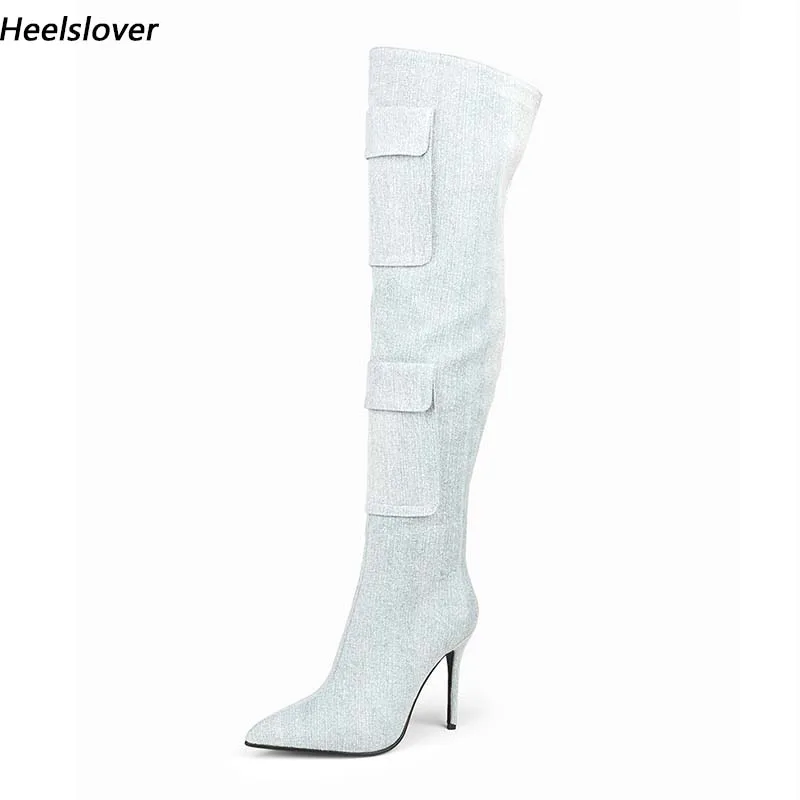 

Ahhlsion New Arrival Women Winter Long Boots Sexy Stiletto Heels Pointed Toe Beautiful LighT Blue Party Shoes US Size 5-15