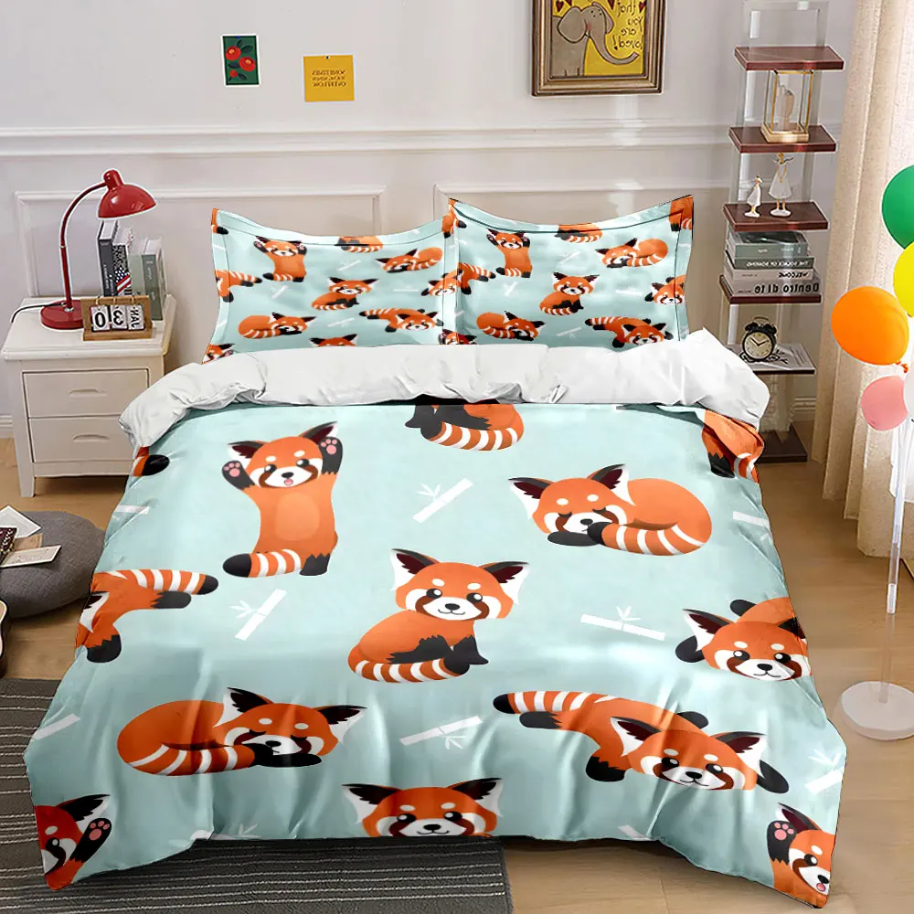 Cartoon Red Pandas and Bamboo Pattern Duvet Cover Set Digital Print Colorful Polyester Bedding with Zipper Closur for gifts