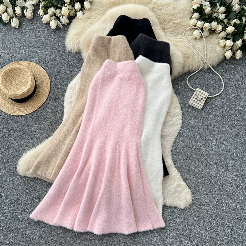 Damen Kunstnerz Gestrickter Meerjungfrauenrock Hohe Taille Weicher Flauschiger Warmer Pulloverrock Herbst Winter Eleganter Figurbetonter Langer Midirock 636 – Detail 10