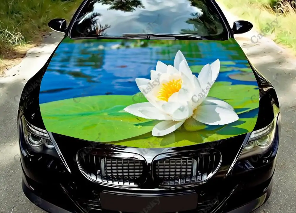 Blooming White Water Lily Car Hood Vinyl Stickers Wrap Vinyl Film Engine Cover Decals Sticker Universal Car Hood Protective Film