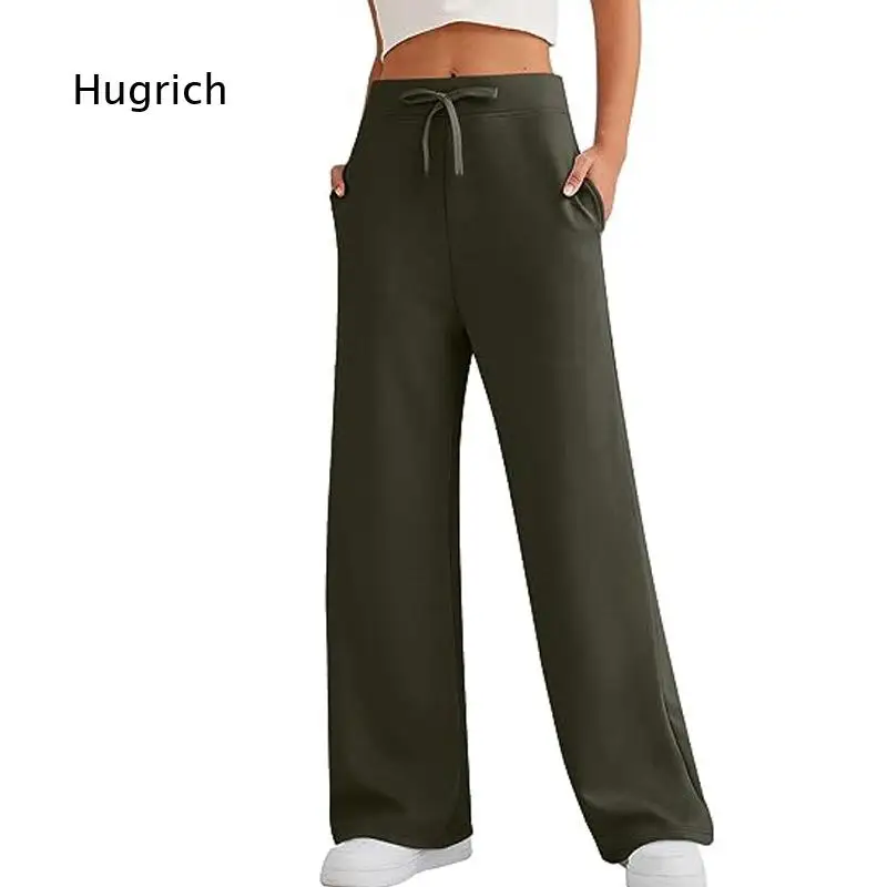 Women's Drawstring Waist Wide Leg Sweatpants Casual Loose Fit Straight Trousers With Side Pockets Daily Lounge