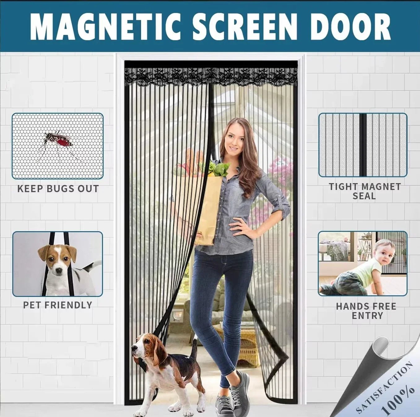 Automatic Magnetic Sliding Door Curtain with Sheer Mesh Panels No Drill Installation Suitable for Outdoor/ Use Magnetic Closure