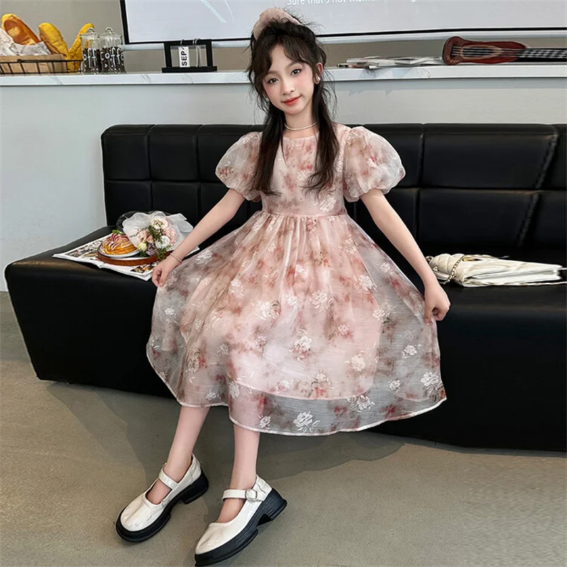 Girls Summer Dress 2024 new CuHK children Korean edition floral chic princess dress 6-12 years old 15 years old sweet