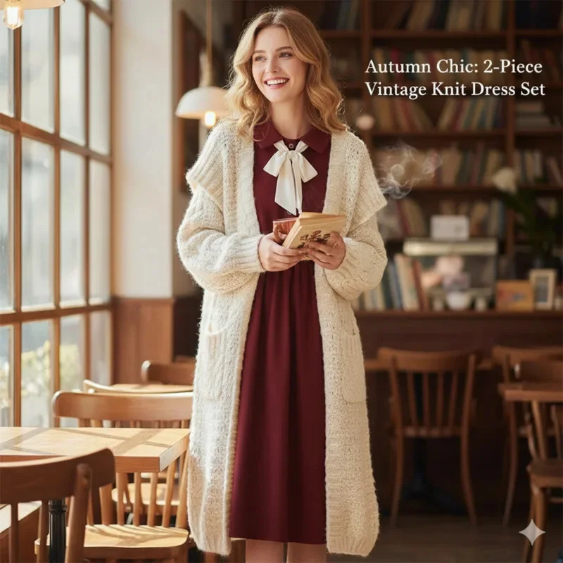 

Christmas 2Pcs Bow Dresses Knit Top Women Cardigan Set Women Y2K Red Sweater A-Line Dress Outfit Cute Holiday Winter Dresses New