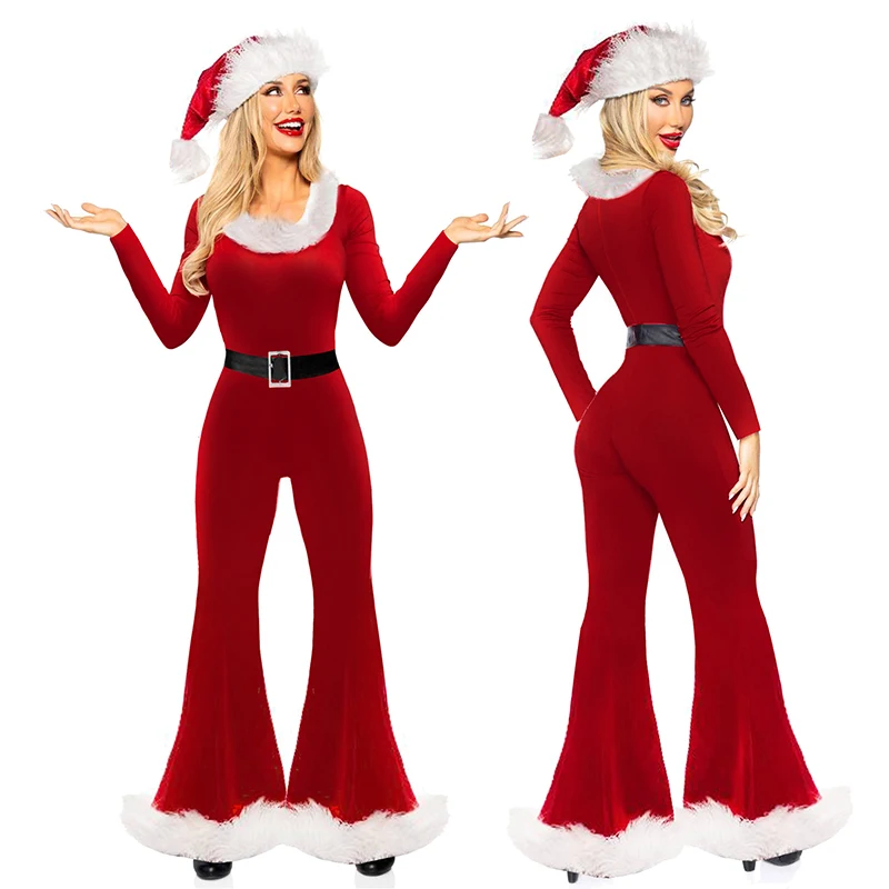 Women Red Christmas Costumes Cute Long Sleeve Flared Jumpsuit and Santa Hat Set for Cosplay Role-Playing Party Outfits