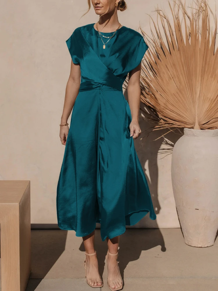 

Spring Summer 2024 Elegant Women Satin Dress Solid Fashion Office Sleeveless Dresses High Waist O-Neck Sundress With Bandage XL