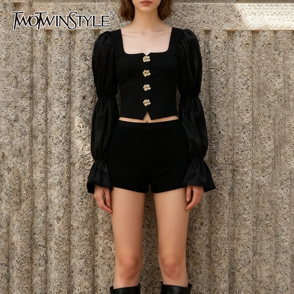 

TWOTWINSTYLE винтажная блузка с металлическими пуговицами для женщин, утягивающее вечернее платье с квадратным воротником и пышными рукавами, короткие женские рубашки
