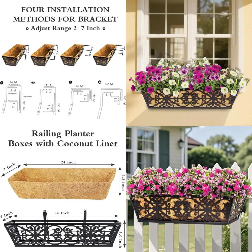 

24 Inch Window Boxes with Adjustable Brackets and Fabric Liners for Balcony and Outdoor Plants