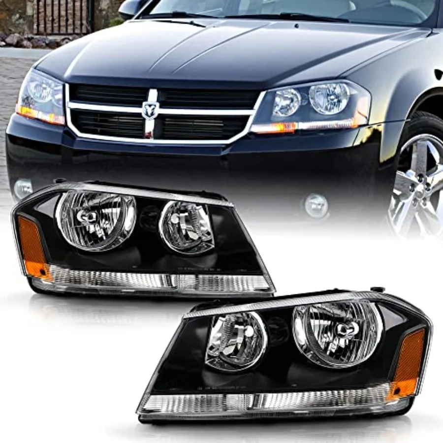 

2008-2014 Dodge Avenger R/T Style Black Housing Headlights Headlamps Replacement Pair Set Left+Right