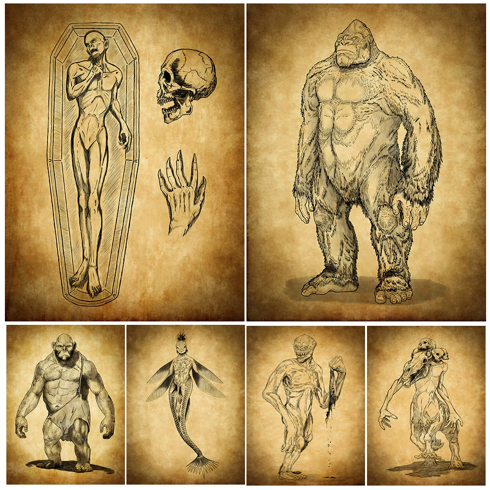 Vintage Gothic Creature Sketch Art Prints Dark Fantasy Skeleton & Beast Drawing Wall Art Canvas Painting Home Decor Unframed