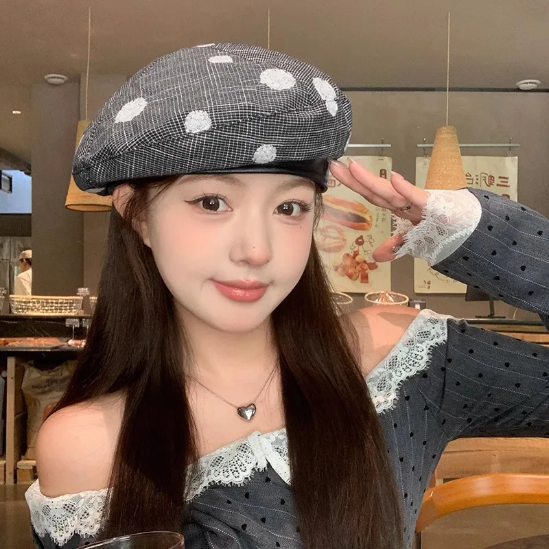 

New Japanese Plaid Embroidered Polka Dot Beret Women's Autumn Niche Literary Leather Stitching British Octagonal Painter Hat