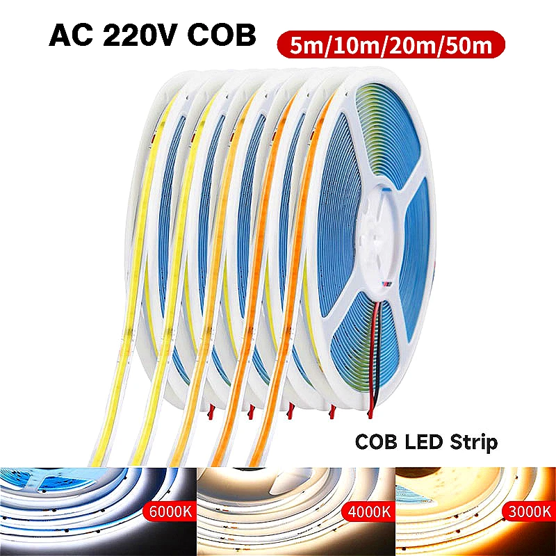 220V 1m 2m 3m 5m 10m COB LED Strip Light  Flexible Tape Lights with IC Chip High Bright 240 LEDs Linear Lighting Warm Natural