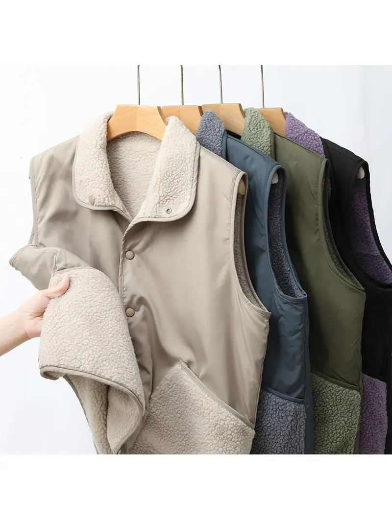 

Faionable Double-Sided Lamb Fur Contrast Color ket Stand Collar Open Cardigan Jaet Loose Casual Vest for Men Trendy