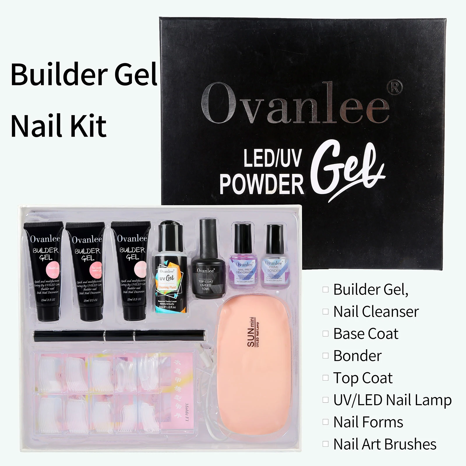 Ovanlee 3-Tube Nail Extension Builder Gel Kit – Complete All-in-One Set with Mini UV/LED Lamp, Nail Prep Dehydrator, Primer Bonder, Top Coat, Dual Forms & Brush for DIY Home Manicure (15ml Each) gallery 5