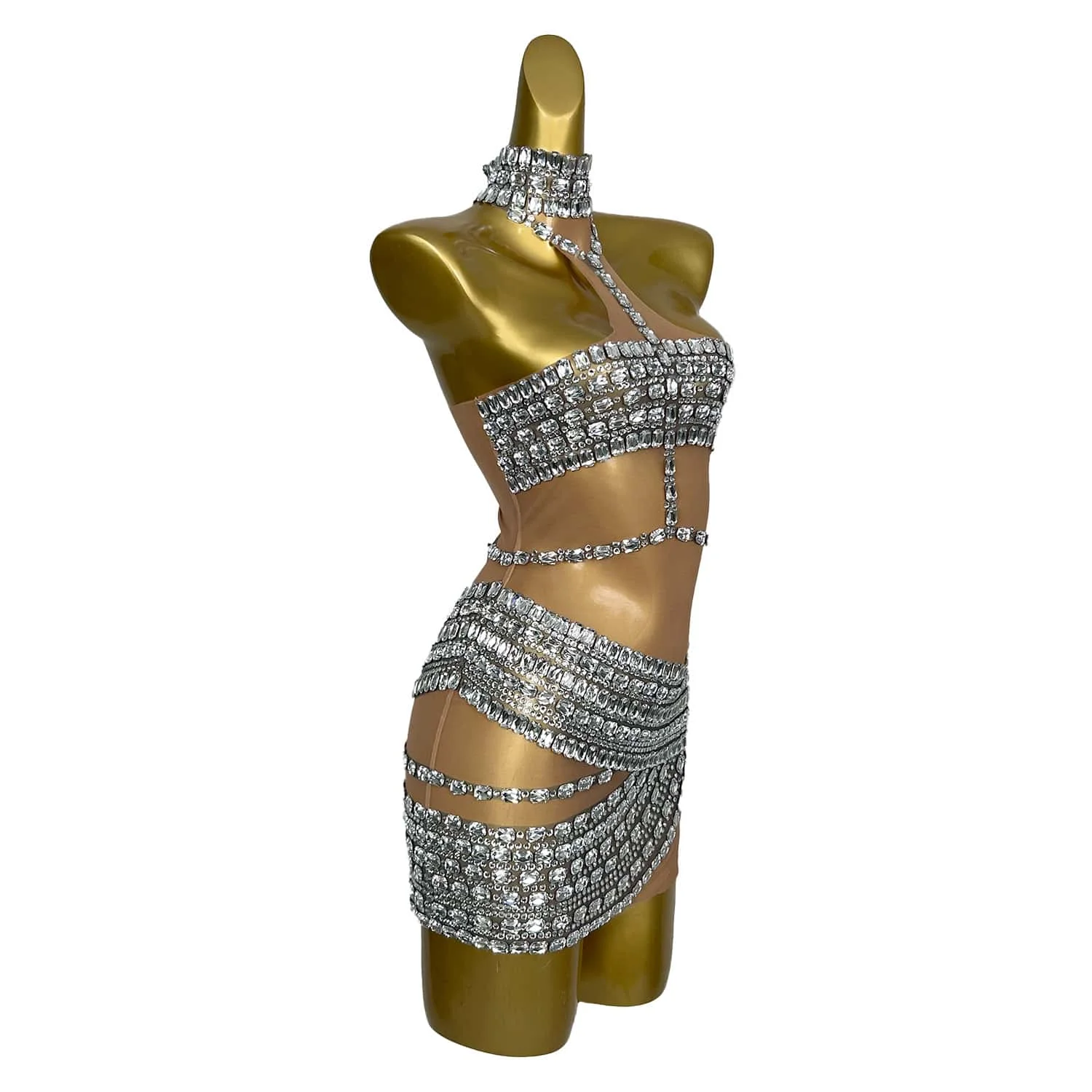 Silver Crystals Mesh Dress Women Shinning Party Birthday Drag Queen Dressy Nightclub 2024 Sleeveless Sexy Costumes Fangtang