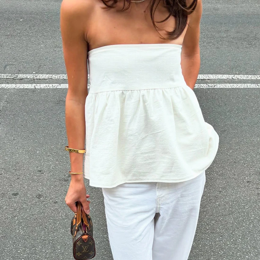 

Женский топ Linad Sexy White с открытыми плечами, без рукавов, в стиле Street Chic, однотонный, повседневный, хлопковый, плиссированный, весна 2026