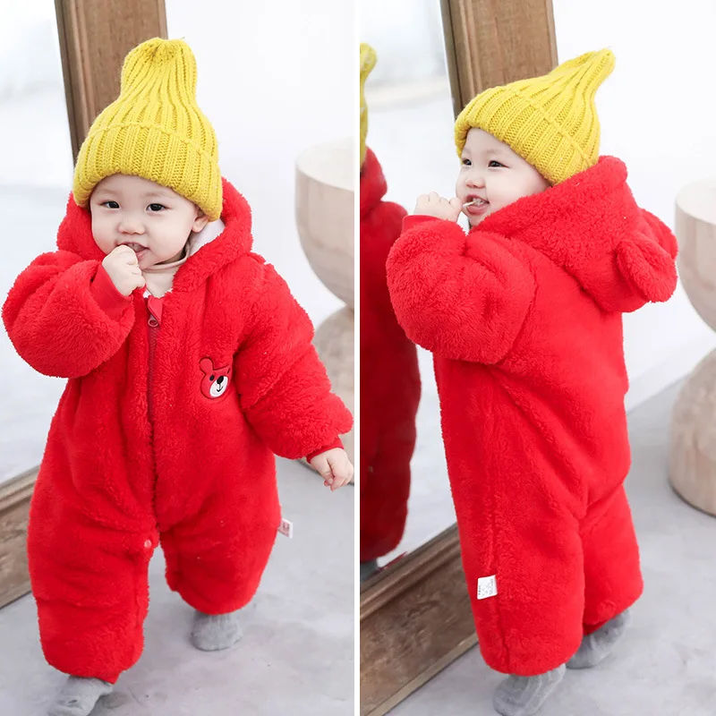 

2025 New Baby Boy Clothes Cute Plush Baby Rompers Autumn Winter Keep Warm Hooded Infant Girls Overall Jumpsuit Newborn Romper