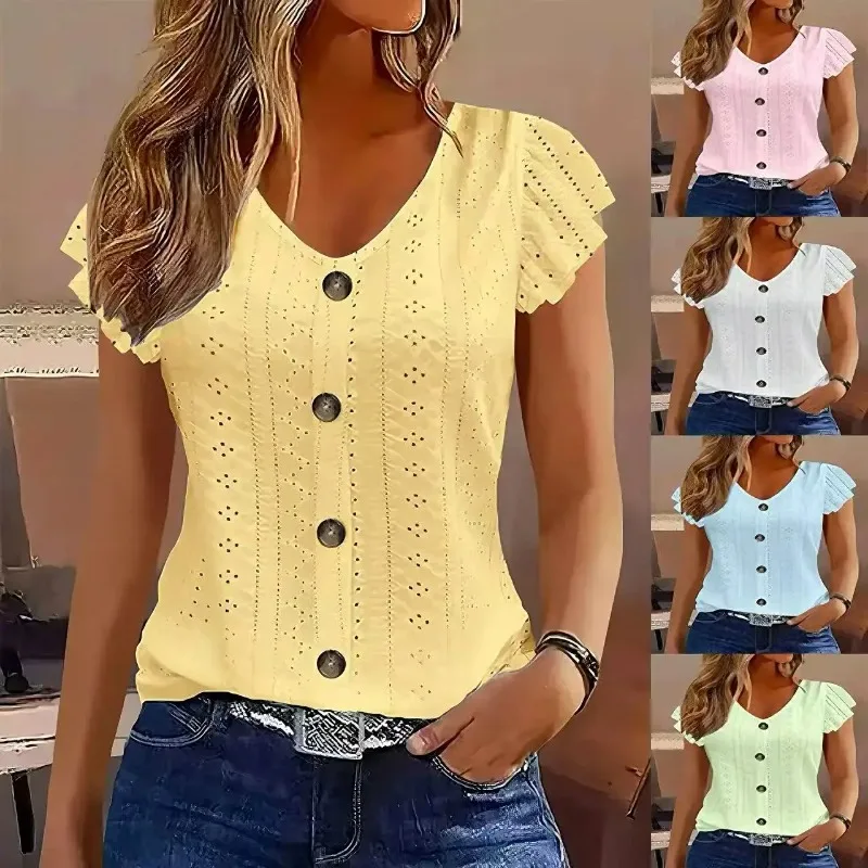 

2026 Spring/Summer new women's fashion stylish commute casual solid color multi-color ruffle sleeve V-neck T-shirt