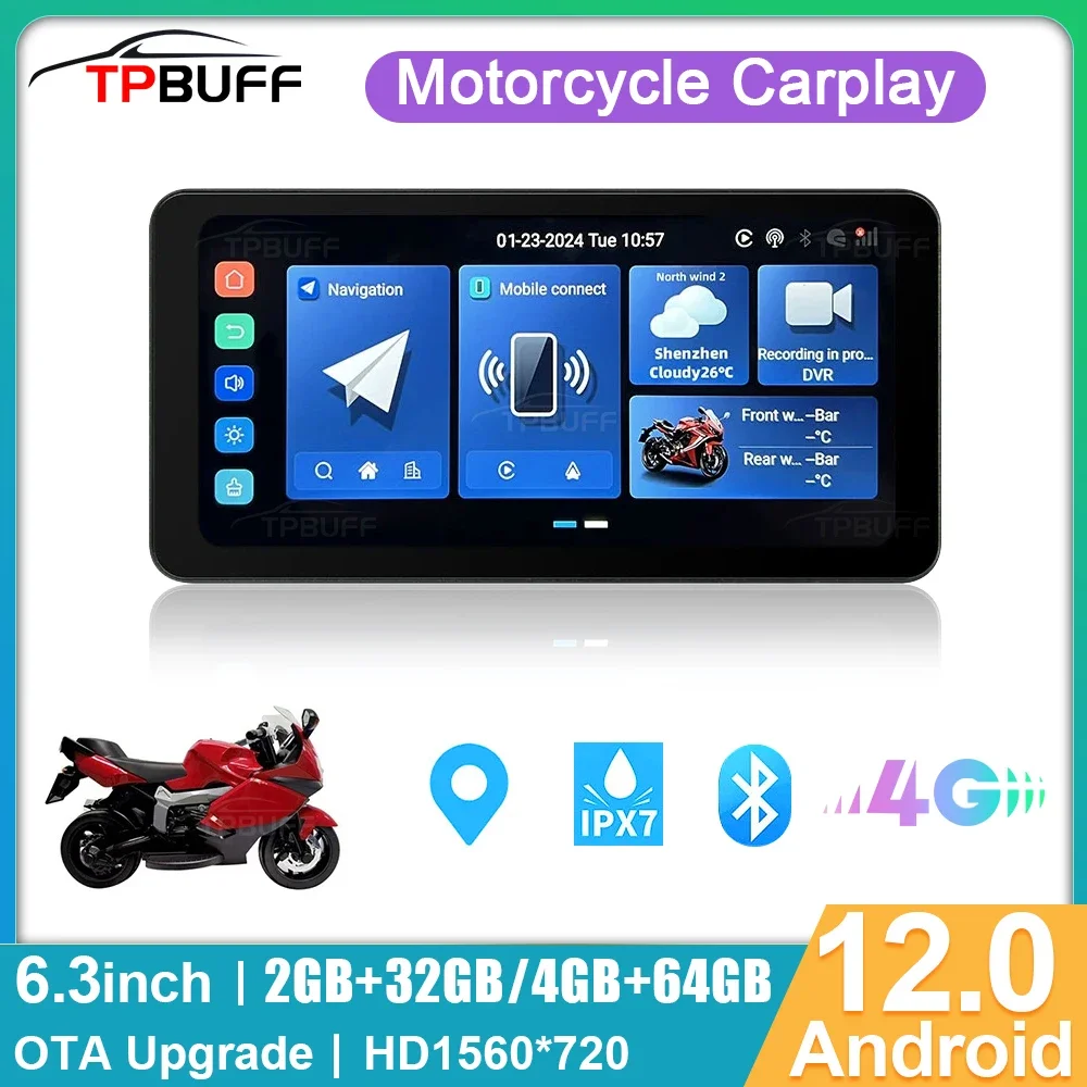 

TPBUFF 6.3” Android 12 8-Core Portable Motorcycle LCD Display 2+32GB Wireless CarPlay Android Auto 1080P Front Rear Cam GPS IPX7