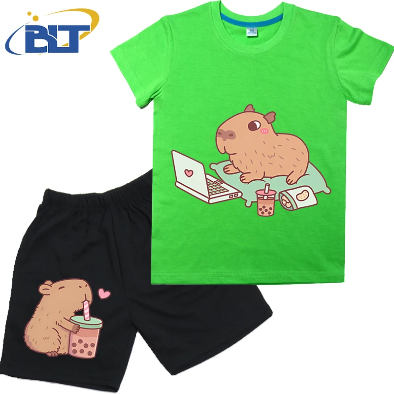 Cute Chilling Capybara With Laptop And Snacks Printed Kids T-shirt Set Summer Cotton Short Sleeve Shorts 2-piece Set