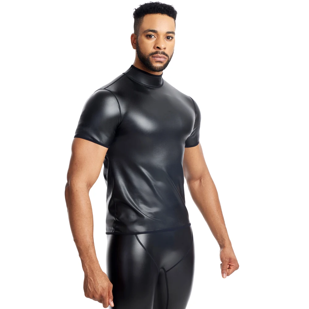 Men Sexy Leather Short Sleeve T-Shirt Slimming Underwear Body Shapers Waist Trainer Corsets Tummy Belly Shapewear Leather Shirts