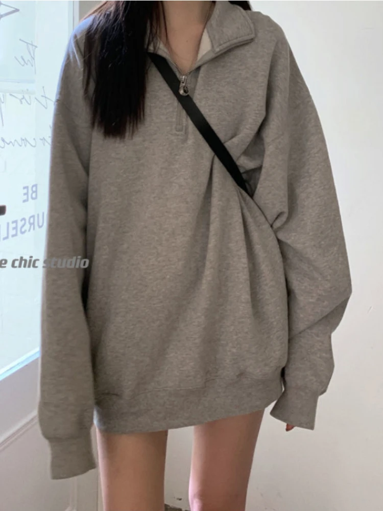 Deeptown Korean Fashion Gray Oversized Sweatshirts Women Harajuku Zip Up Hoodie Vintage Loose Casual Polo Collar Pullover Tops