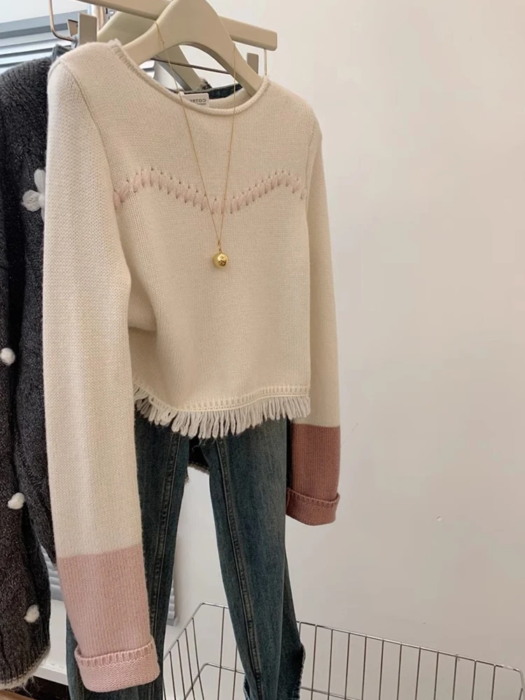 

Повседневный круглый вязаный свитер Ne Long Sve Color Blo Design, универсальный осенний женский модный топ Quali, корейский сле Lo...