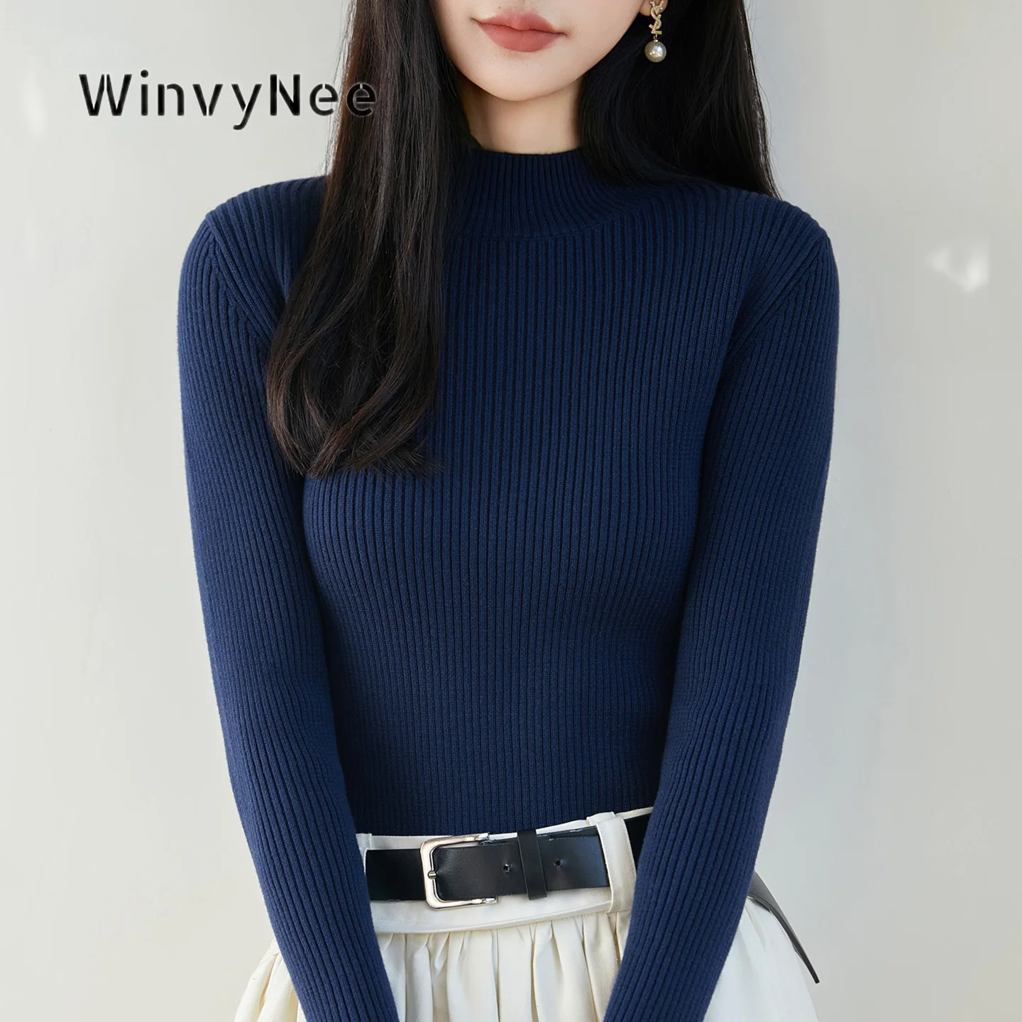 WinvyNee Women Sweater 100% Cotton Ribbed Mock Neck Slim Fit Knitted Top Urban Basic Soft Breathable Casual Daily Wear ZA1092021