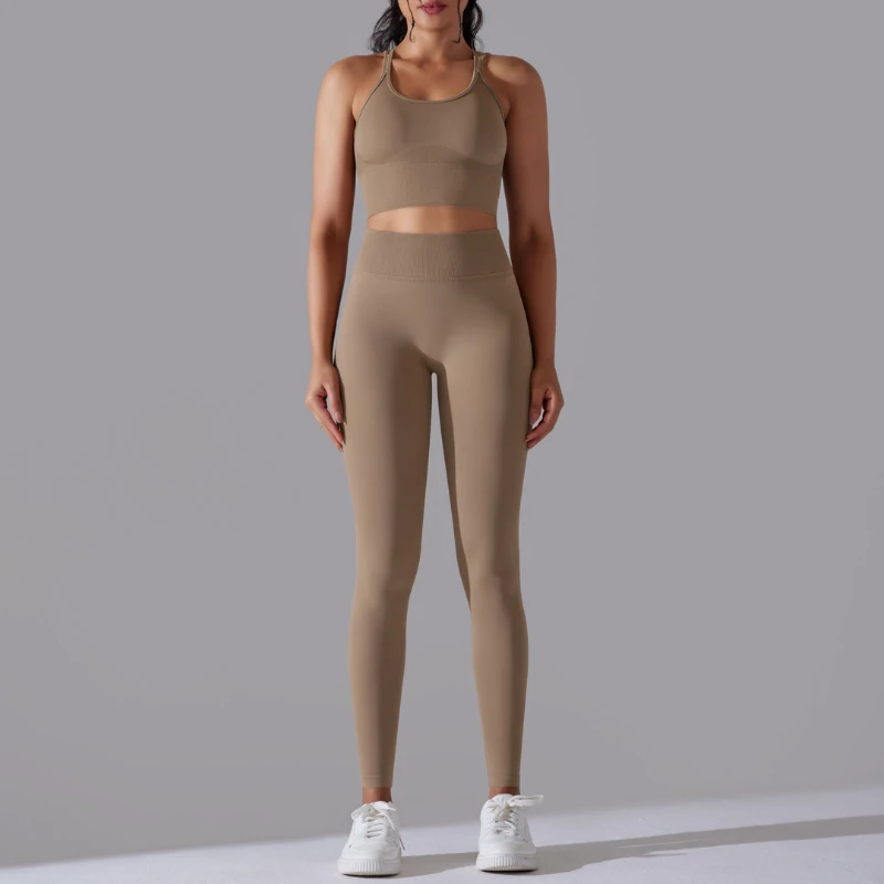 

Gym Women Clothing Sporty Tights Woman Leggings Yoga Pants Seamless Kniited Cross Back Tight Solid Yoga 2 Piece Sets Sports Bra