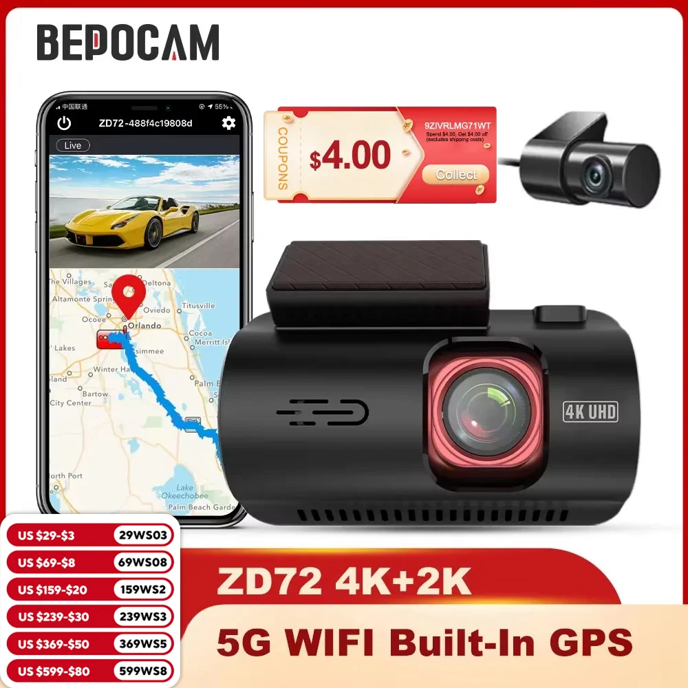 BEPOCAM 4K+2K Dual Channel HD Dash Cam Built-In GPS 5G WiFi Car DVR Camera With Rear Cam For Car DVR Parking Support ZD72 New