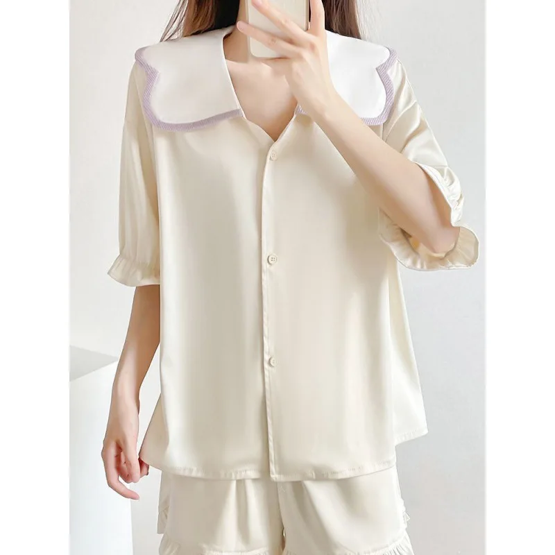 Large Size Ice Silk Pajamas, Women's Loose Fitting Summer New Short Sleeved Pants, Two-piece Home Clothing Set, Female Night-clo