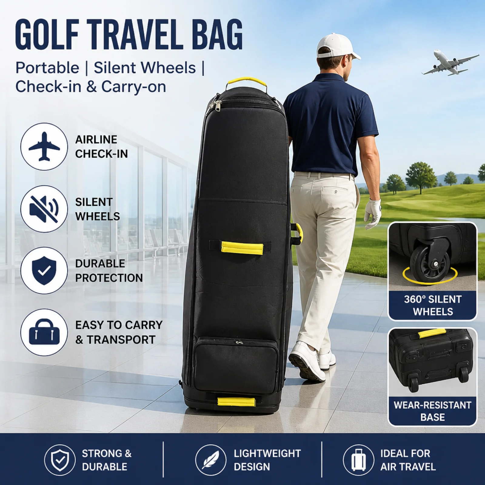 Airline Golf Travel Bag Wheeled Heavy Duty Waterproof Professional Folding Golf Caddy Bag for Vacation or Business Travel