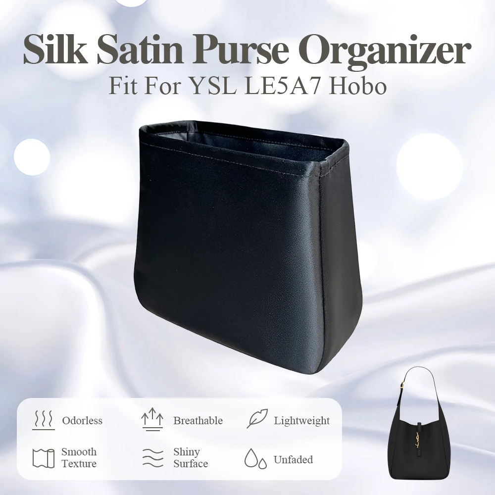 Silk Satin Purse Organizer Insert Fit for YSL LE5A7 Hobo Bag Inside Bag Black Inner Liner Bag Zipper bag Cosmetics Storage