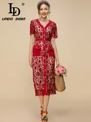 LD LINDA DELLA Fashion Runway Red Dress Women V-neck Short sleeve Hollow out Embroidery Summer Vintage Party Midi Dress